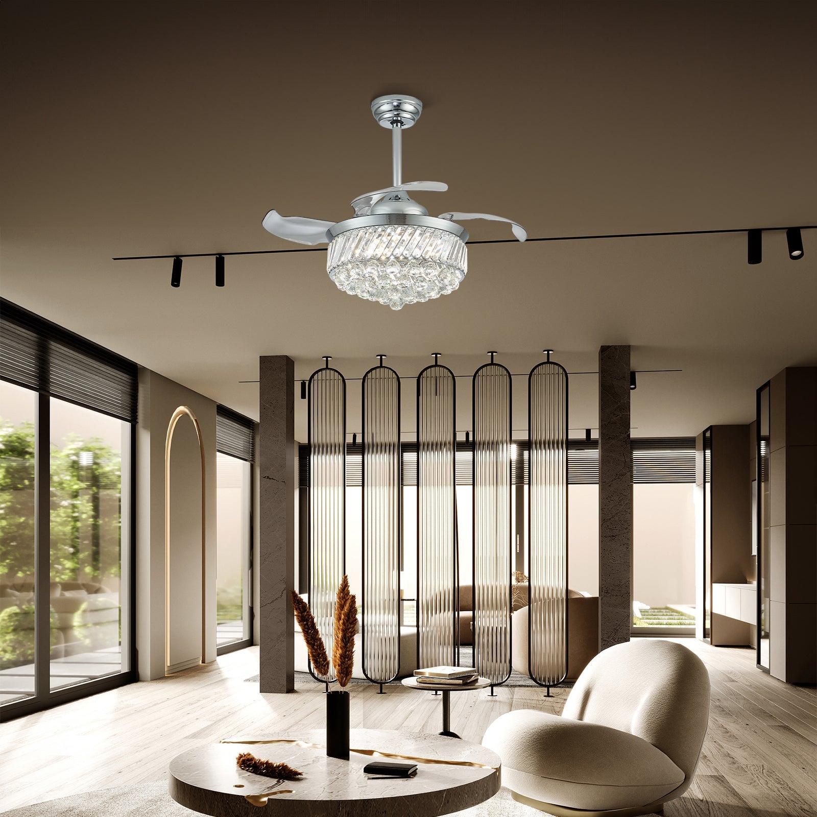 Ludomide 52" Elegant Crystal Chandelier Ceiling Fan With Lights And Remote, Flower Lampshade Design For Bedroom Dining Room - View #9